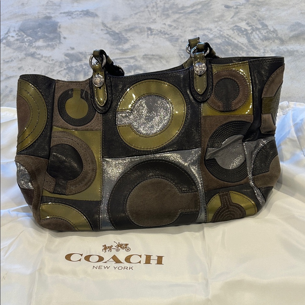 Coach Metallic and Olive Patchwork Shoulder Bag